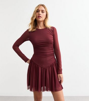 Burgundy Dropped Waist Stretch Mesh Mini Dress | New Look