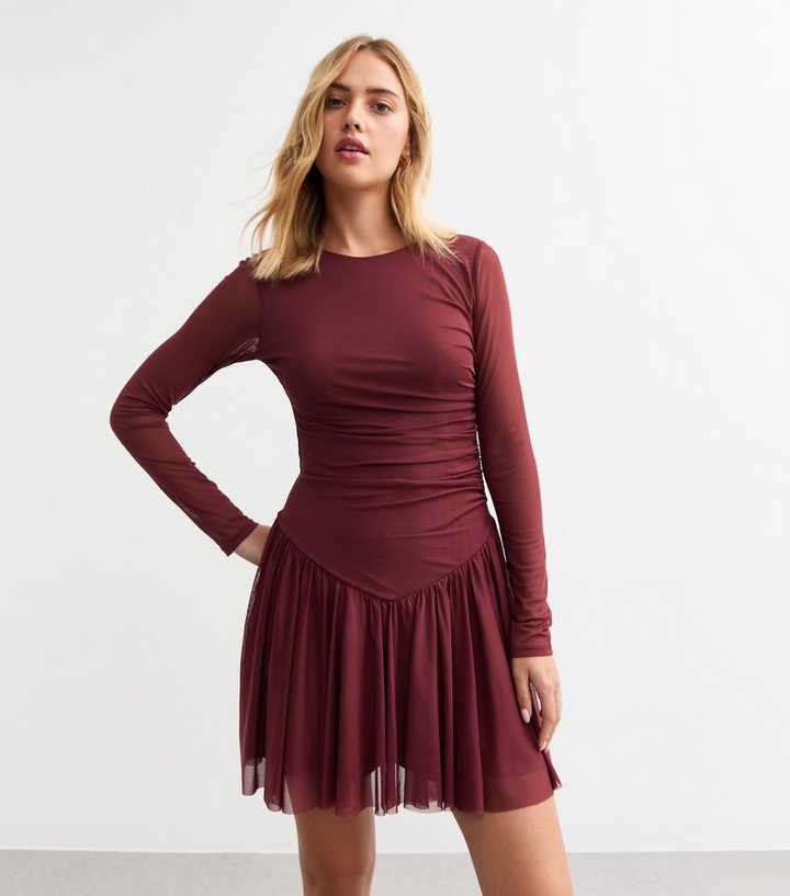 Burgundy Dropped Waist Stretch Mesh Mini Dress | New Look