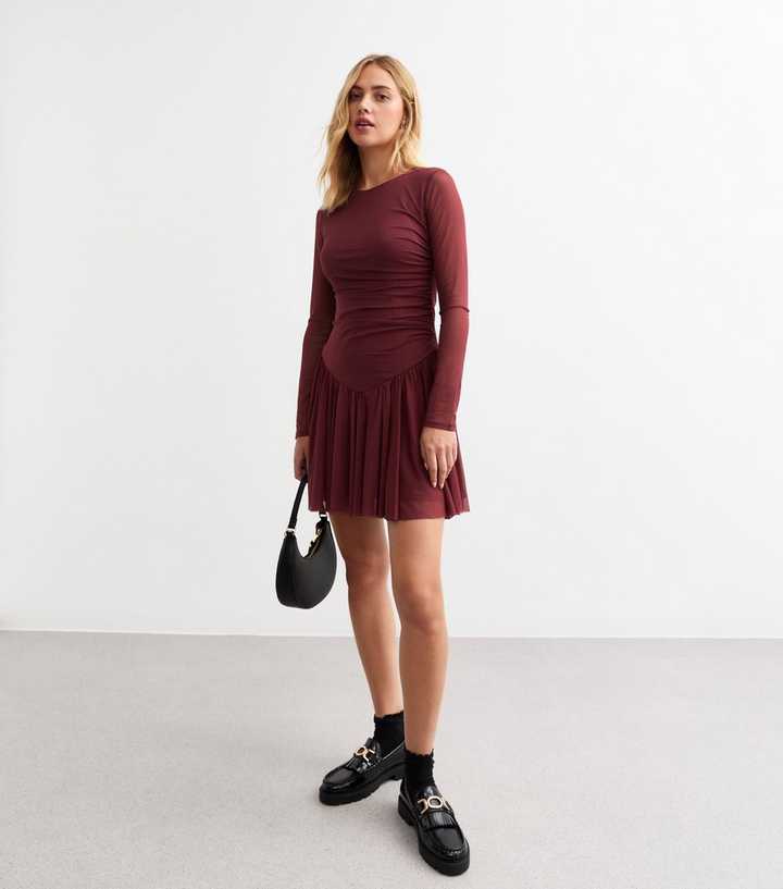 Burgundy Dropped Waist Stretch Mesh Mini Dress | New Look Burgundy Dropped Waist Stretch Mesh Mini Dress | New Look