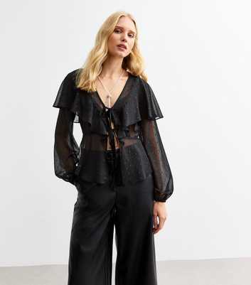 Black Chiffon Ruffle Trim Tie Front Blouse