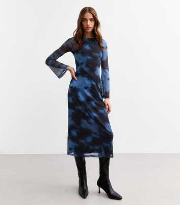 Blue Mesh Print Long Sleeve Midi Dress