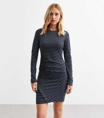 Blue Gathered Long Sleeve Stripe Jersey Mini Dress