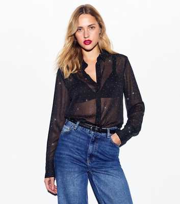 Black Diamanté Embellished Chiffon Shirt 