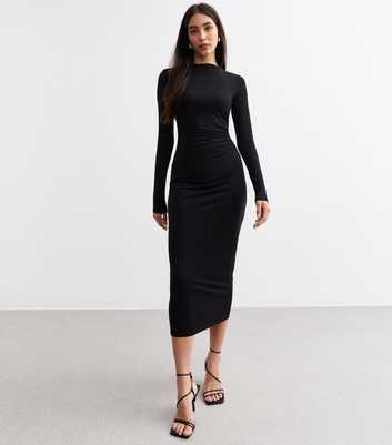 Black Ruched Jersey Bodycon Midi Dress