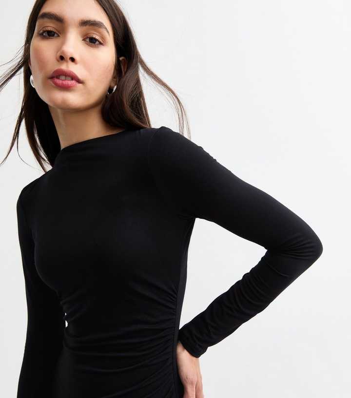 Black Ruched Jersey Bodycon Midi Dress | New Look