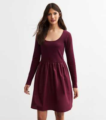 Burgundy Scoop Neck Poplin Long Sleeve Mini Dress