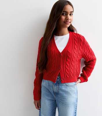 Girls Red Cable Knit Crop Cardigan 