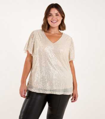 Blue Vanilla Curves Cream Sequin V-Neck Top