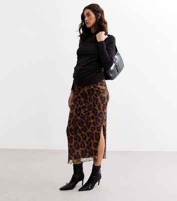 Maternity Brown Leopard Print Mesh Midi Skirt