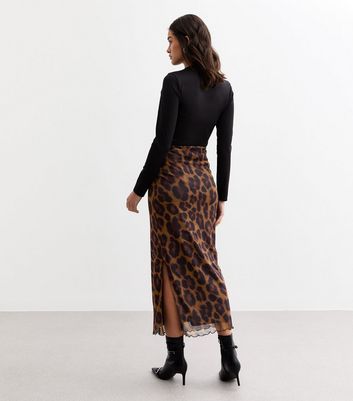 Maternity Brown Leopard Print Mesh Midi Skirt
