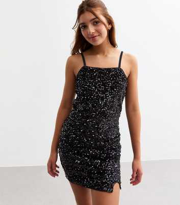 Girls Black Sequinned Velvet Dress