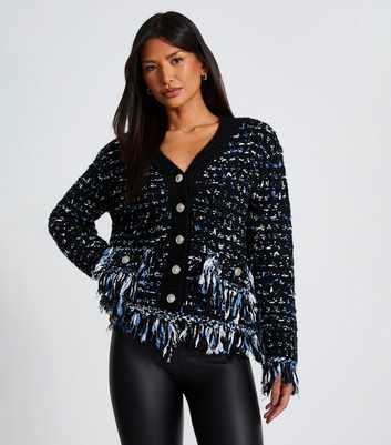 QUIZ Black Bouclè Knit Fringe Cardigan