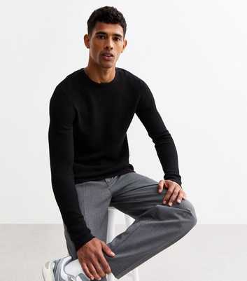 Only & Sons Black Regular Waffle Knit Crew Neck Jumper