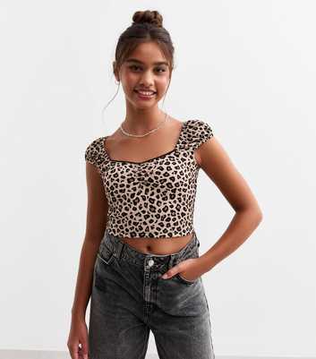 Girls Brown Leopard Print Crinkled Square Neck Top