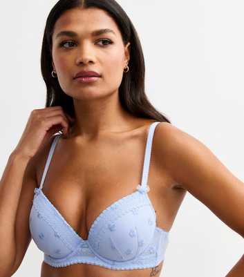 Blue Daisy Embroidered Mesh T-Shirt Bra