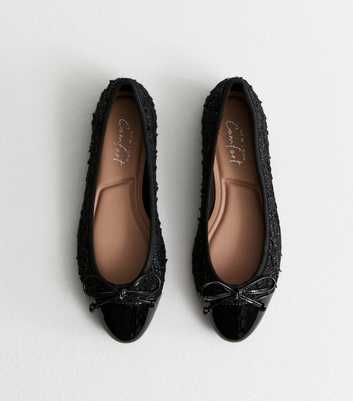 Black Bouclé Patent Toe Ballerina Pumps