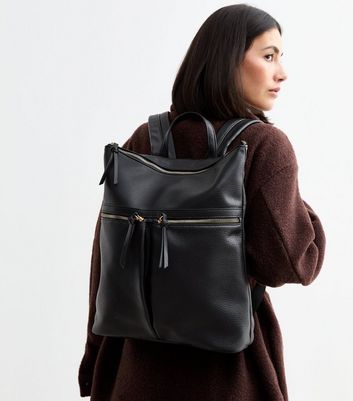 Black faux leather backpack womens sale