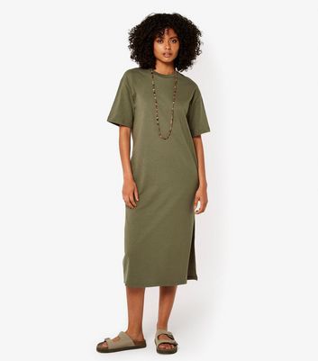 Apricot Olive Cotton Split Hem Midi Dress New Look