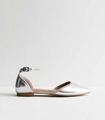 Silver Faux Leather Crystal Embellished D'Orsay Flats