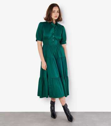 Apricot Dark Green Tiered Midi Smock Dress