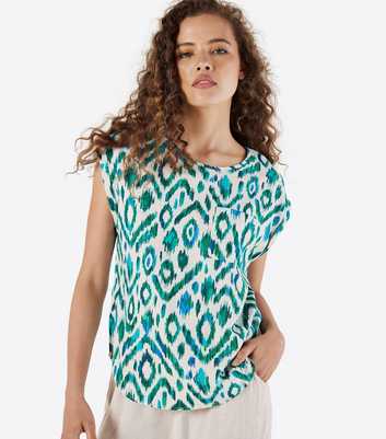 Apricot Green Linen-Blend Abstract Print Top