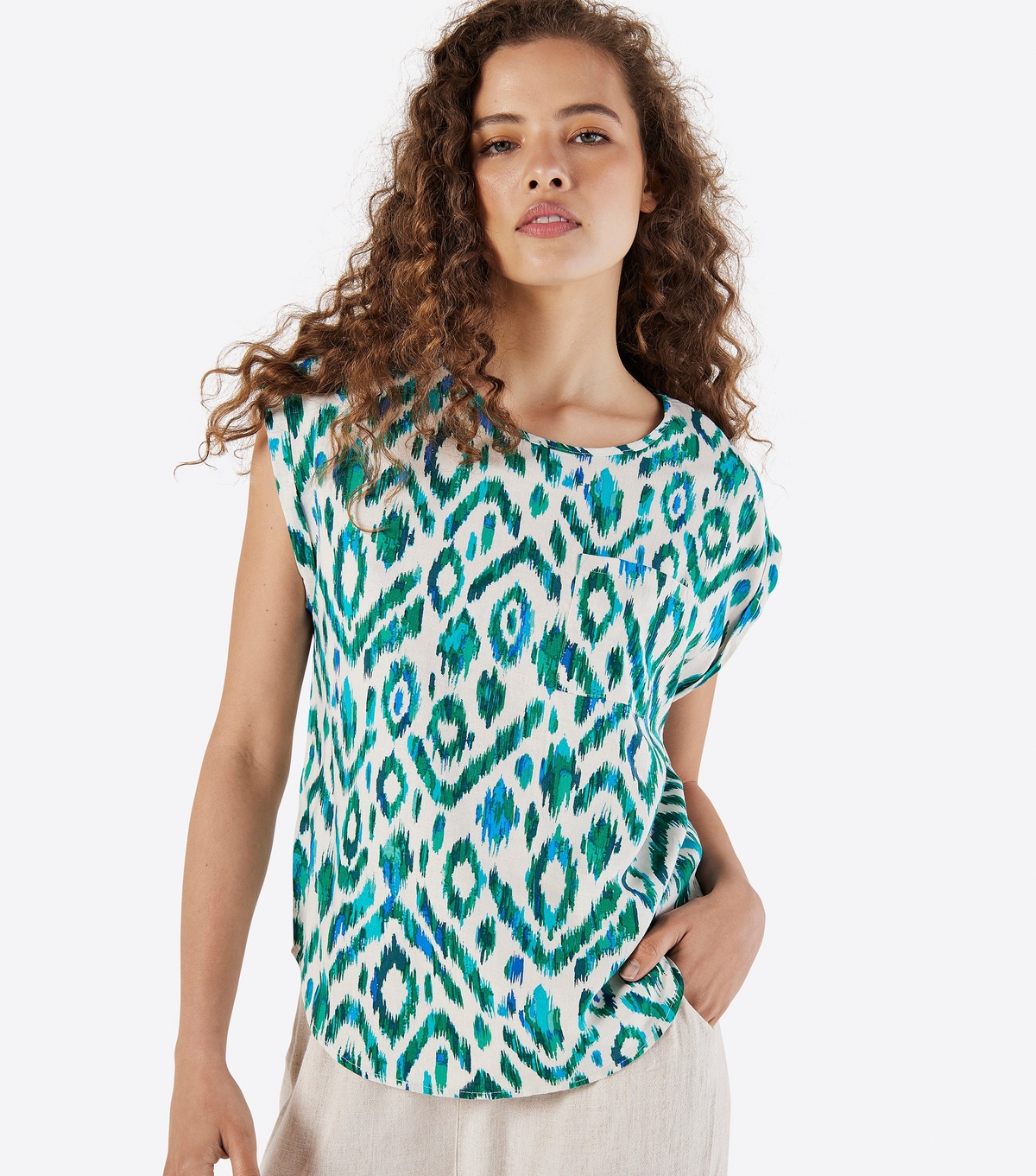 Women's Green Linen-Blend Abstract Print Top Apricot New Look