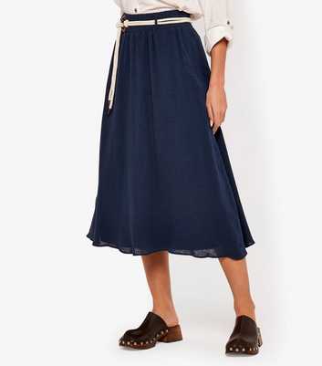 Apricot Navy Rope Belt Woven Midi Skirt