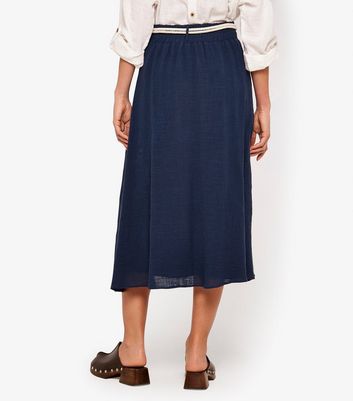 Apricot Navy Rope Belt Woven Midi Skirt New Look