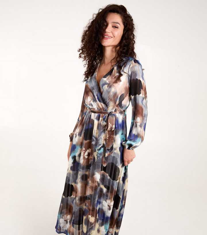 Blue Vanilla Navy Watercolour Print Midi Wrap Dress New Look