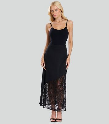 Finding Friday Black Satin Lace Midi Skirt New Look
