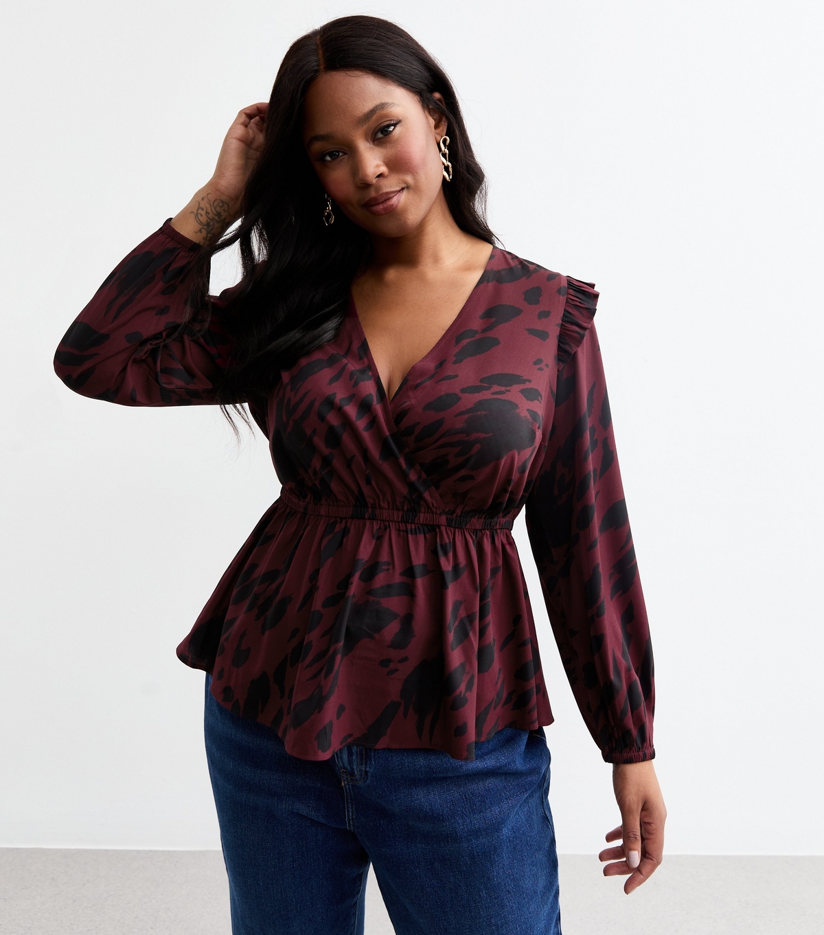 Women's Plus Size Red Animal Print Blouse Curves New Look