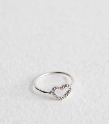 Silver Tone Open Heart Diamanté Ring