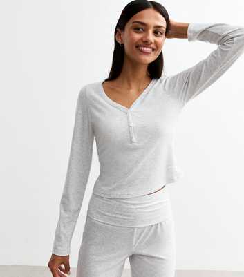 Grey Marled Stretch Jersey Henley Top