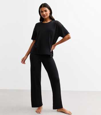 Black Lace Insert Jersey Long Pyjama Set