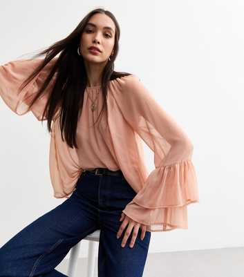 Pink Chiffon Bell Sleeve Blouse