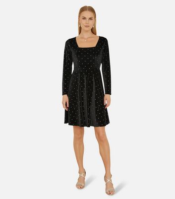 Mela Black Diamantè Velvet Skater Mini Dress New Look