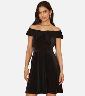 Mela Black Velvet Off Shoulder Skater Mini Dress