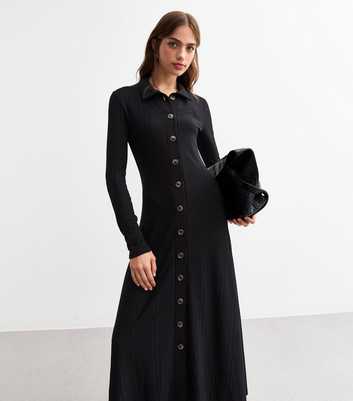 Black Button Front Ribbed Maxi Dress