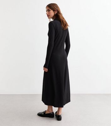 Black Button Front Ribbed Maxi Dress New Look