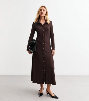 Brown Button Front Ribbed Maxi Dress New Look