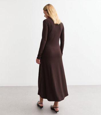 Brown Button Front Ribbed Maxi Dress New Look