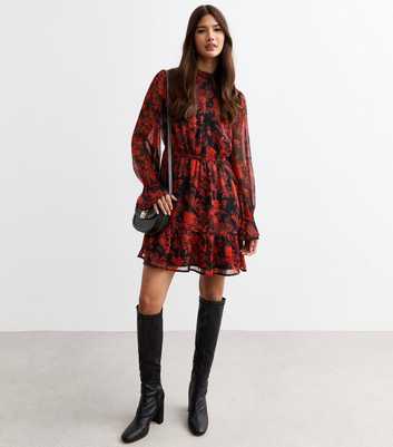 Red Floral Print Chiffon Long Sleeve Mini Dress