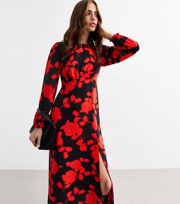 knee length dresses for ladies The Isla Frill Sleeve Thigh Split Open Back Midi Dress (Red/Green) | Love  Cherish