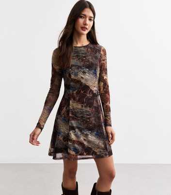 Brown Marble Pattern Skater Mini Dress