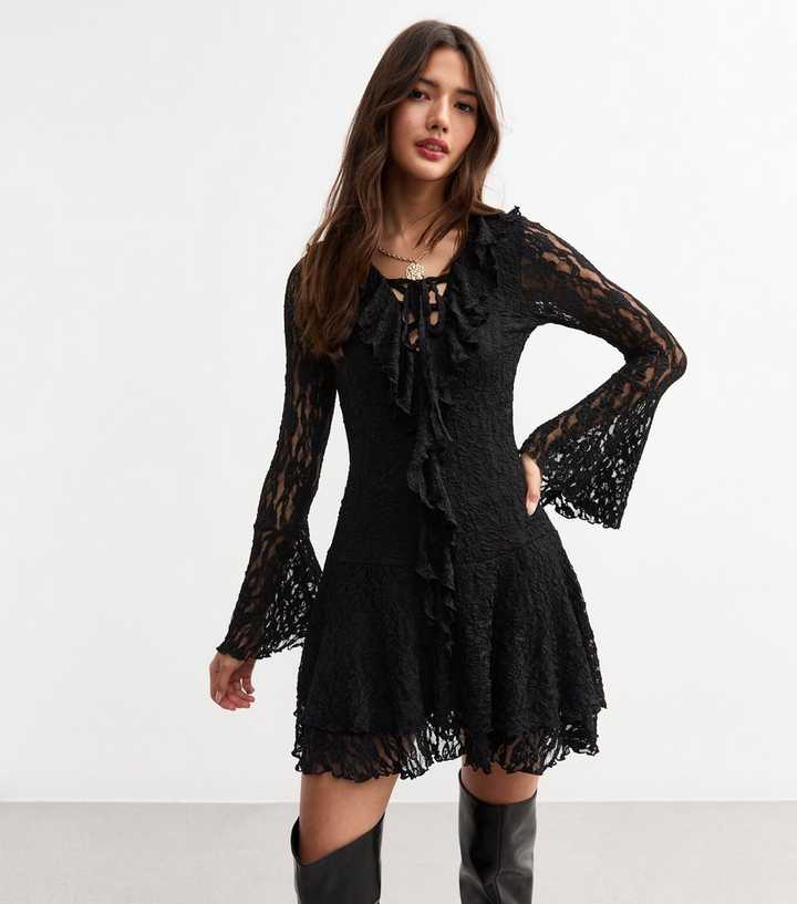 Black Ruffled Lace Flared Sleeve Mini Dress