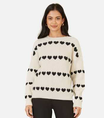 Yumi Off White Heart Stripe Print Knit Jumper