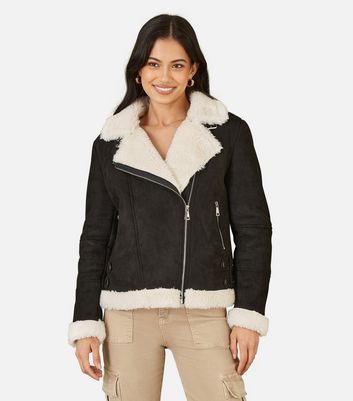 Yumi Black Faux Shearling Biker Jacket New Look