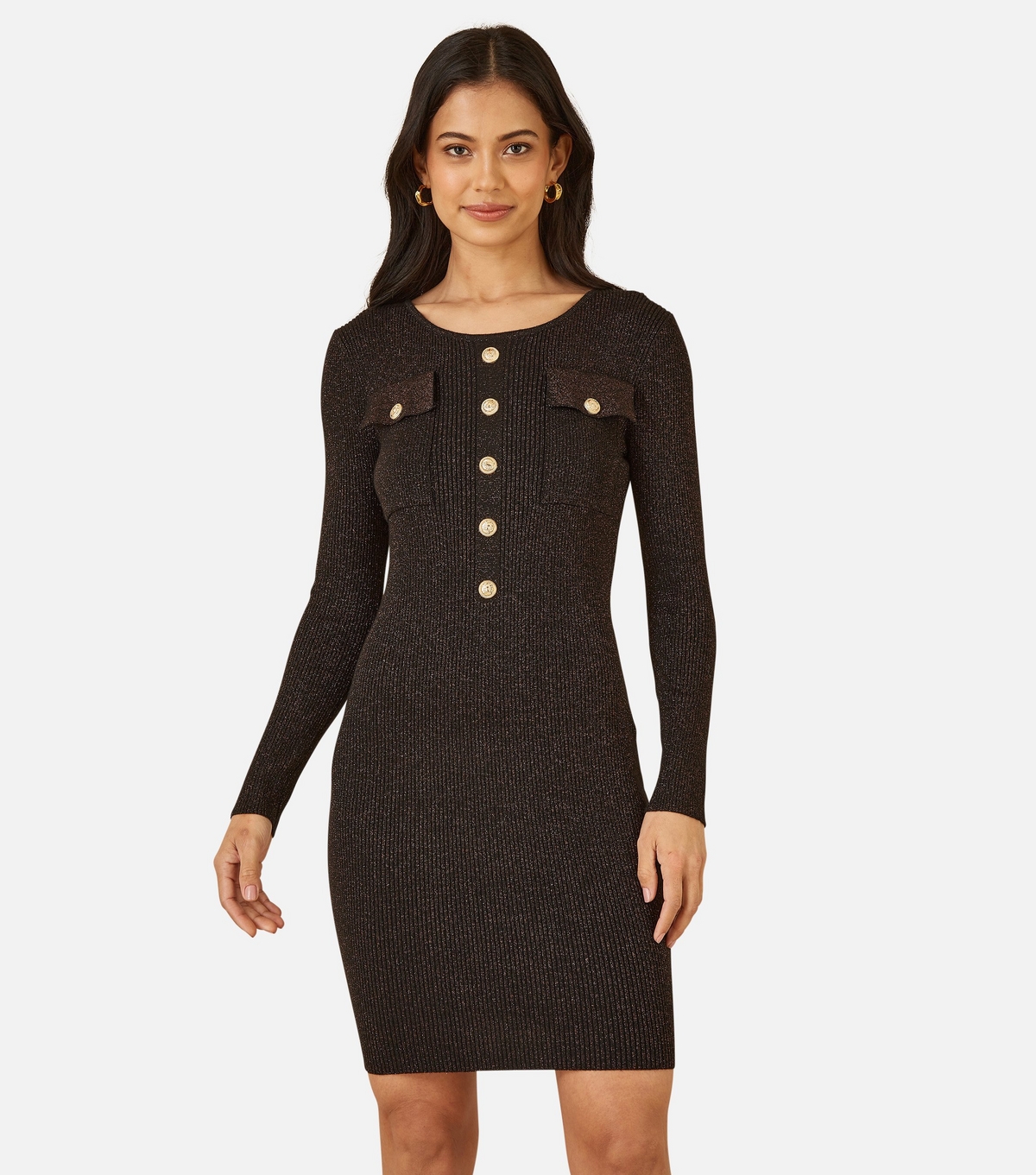 Women's Black Ribbed Pocket Front Button Mini Dress Yumi New Look