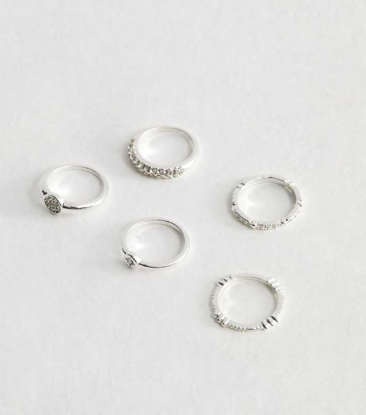 Pack of 5 Silver Tone Diamanté Rings | New Look