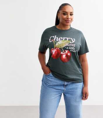 Curves Dark Grey Sour Cherry Print T-Shirt